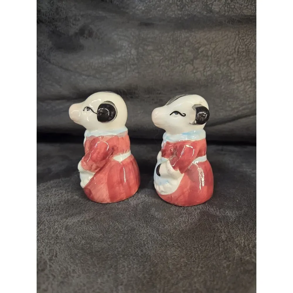 Vintage Anthropomorphic Cow Salt and Pepper Shakers Red Dress Blue Apron Ceramic